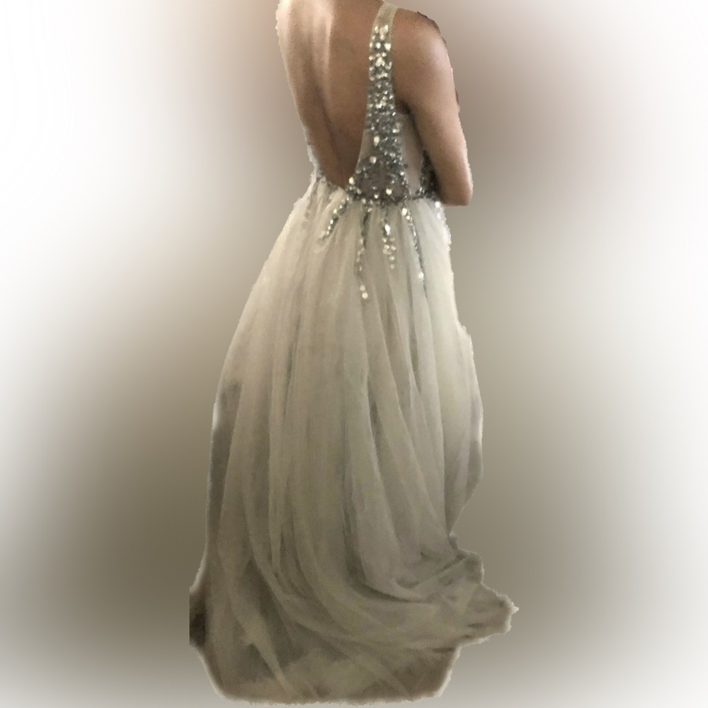 Sexy Deep V Neck Sequins Beads Tulle and Lace High Split Long Dress - Picture 3 of 4